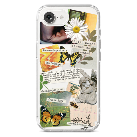 Aesthetic Scrap Collage Clear Phone Case shown on iPhone 16e