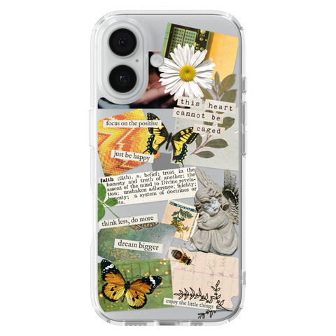 Aesthetic Scrap Collage Clear Phone Case shown on iPhone 17