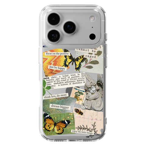 Aesthetic Scrap Collage Clear Phone Case shown on iPhone 17 Pro
