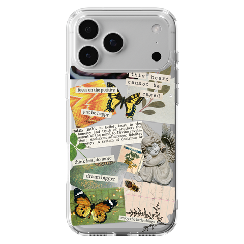 Aesthetic Scrap Collage Clear Phone Case shown on iPhone 17 Pro Max