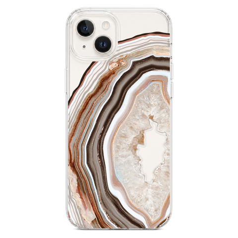Beige Geode Slice Clear Phone Case shown on iPhone 14 Plus
