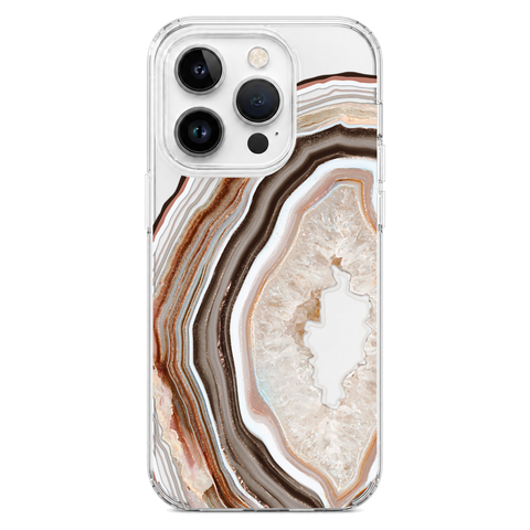 Beige Geode Slice Clear Phone Case shown on iPhone 14 Pro