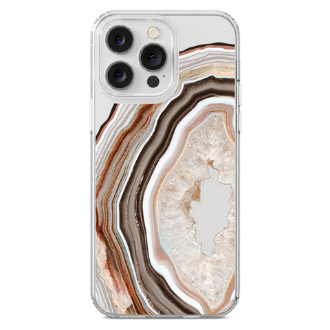 Beige Geode Slice Clear Phone Case shown on iPhone 14 Pro Max