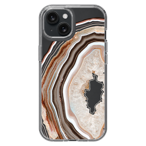 Beige Geode Slice Clear Phone Case shown on iPhone 15