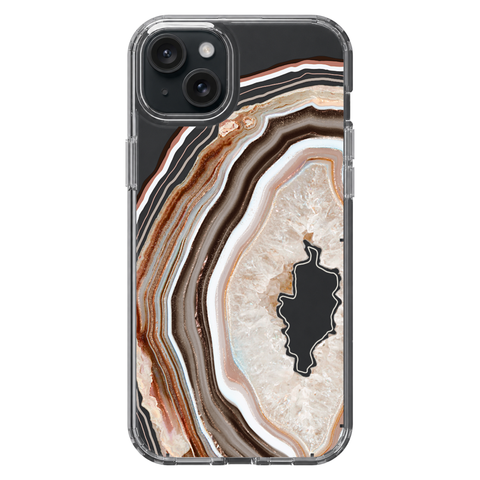 Beige Geode Slice Clear Phone Case shown on iPhone 15 Plus