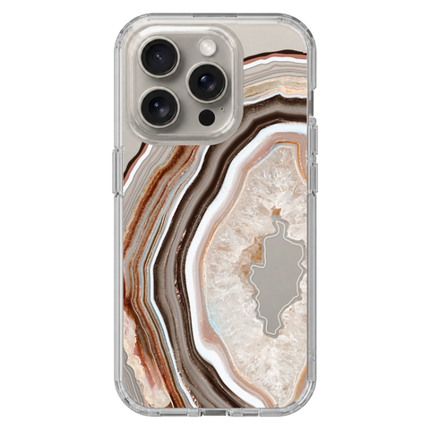 Beige Geode Slice Clear Phone Case shown on iPhone 15 Pro