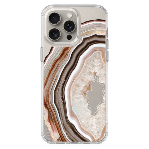 Beige Geode Slice Clear Phone Case shown on iPhone 15 Pro Max