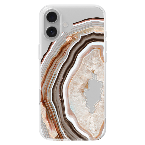 Beige Geode Slice Clear Phone Case shown on iPhone 16 Plus