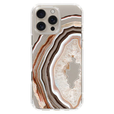 Beige Geode Slice Clear Phone Case shown on iPhone 16 Pro