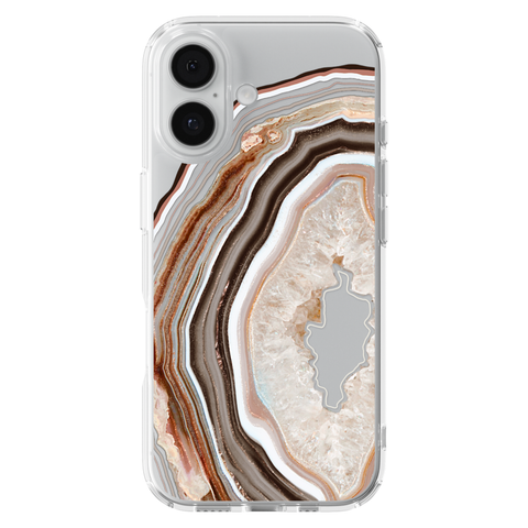 Beige Geode Slice Clear Phone Case shown on iPhone 17