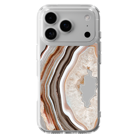 Beige Geode Slice Clear Phone Case shown on iPhone 17 Pro