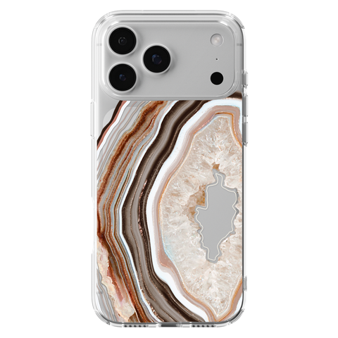 Beige Geode Slice Clear Phone Case shown on iPhone 17 Pro Max