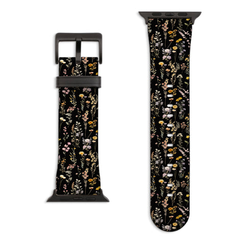 Black Watercolor Botanical Flowers Apple Watch Band with Matte Black hardware