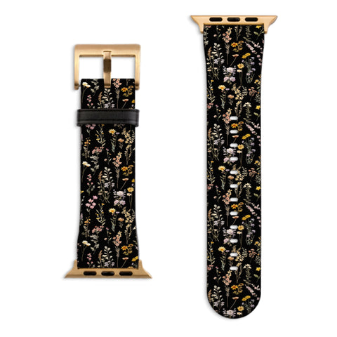 Black Watercolor Botanical Flowers Apple Watch Band with Matte Gold hardware