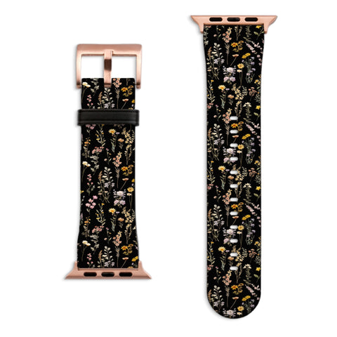 Black Watercolor Botanical Flowers Apple Watch Band with Matte Rose Gold hardware