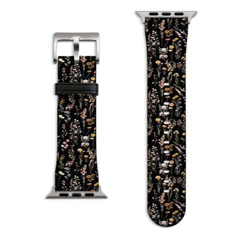 Black Watercolor Botanical Flowers Apple Watch Band with Matte Silver hardware