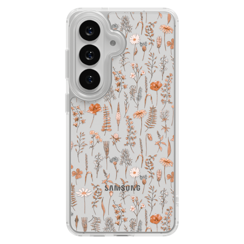 Boho Fall Wild Flower Clear Phone Case shown on Galaxy S26 Plus
