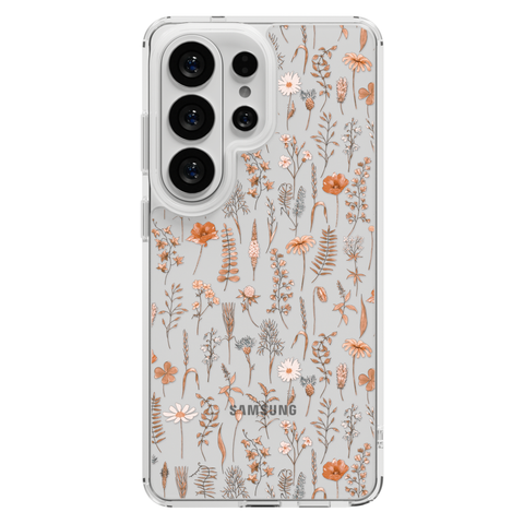 Boho Fall Wild Flower Clear Phone Case shown on Galaxy S26 Ultra