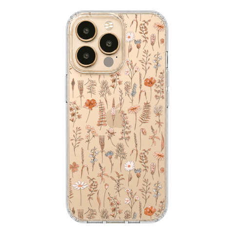 Boho Fall Wild Flower Clear Phone Case shown on iPhone 13 Pro