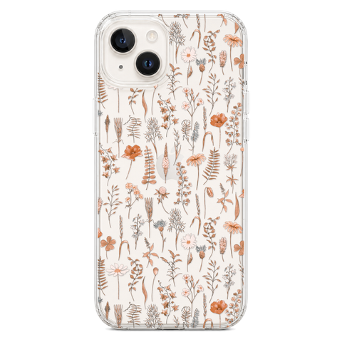 Boho Fall Wild Flower Clear Phone Case shown on iPhone 14 Plus