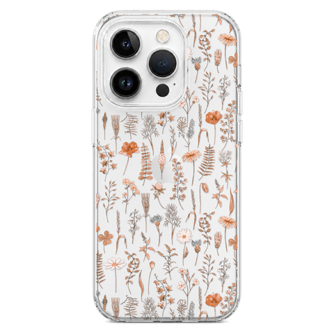 Boho Fall Wild Flower Clear Phone Case shown on iPhone 14 Pro