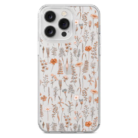 Boho Fall Wild Flower Clear Phone Case shown on iPhone 14 Pro Max