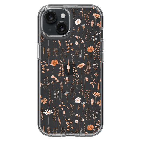 Boho Fall Wild Flower Clear Phone Case shown on iPhone 15