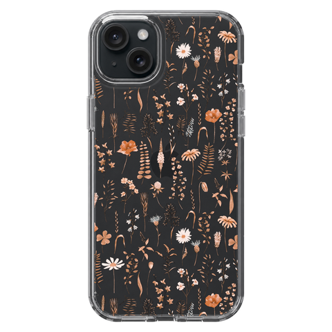 Boho Fall Wild Flower Clear Phone Case shown on iPhone 15 Plus