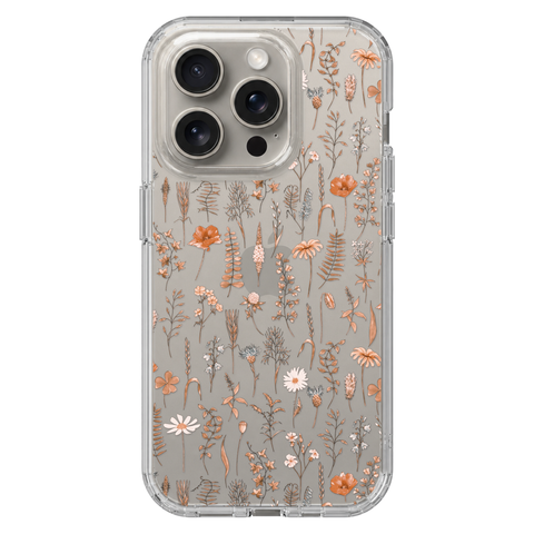 Boho Fall Wild Flower Clear Phone Case shown on iPhone 15 Pro