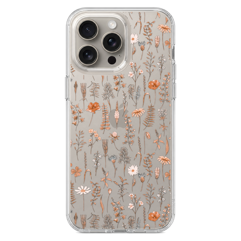 Boho Fall Wild Flower Clear Phone Case shown on iPhone 15 Pro Max