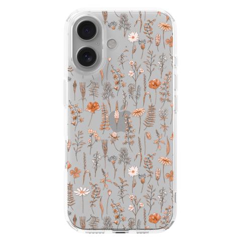 Boho Fall Wild Flower Clear Phone Case shown on iPhone 16
