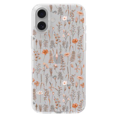 Boho Fall Wild Flower Clear Phone Case shown on iPhone 16 Plus