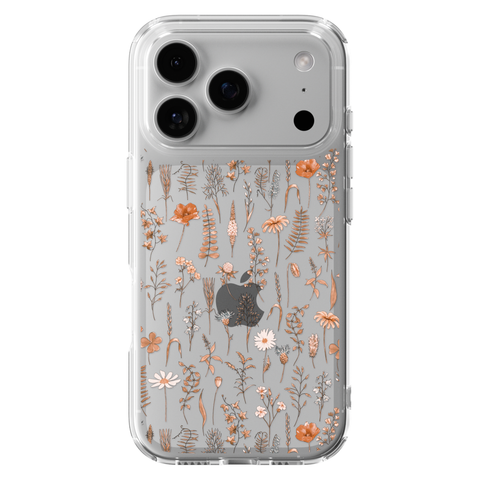 Boho Fall Wild Flower Clear Phone Case shown on iPhone 17 Pro