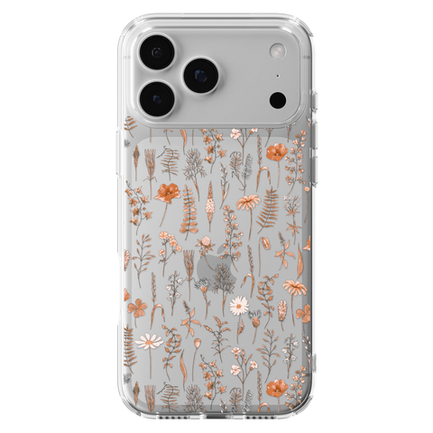 Boho Fall Wild Flower Clear Phone Case shown on iPhone 17 Pro Max