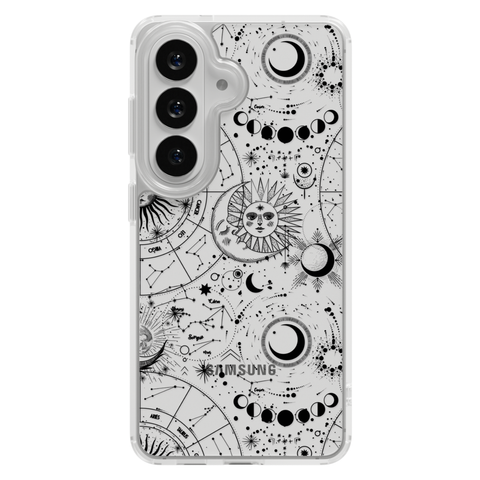 Celestial Zodiac Clear Phone Case Black shown on Galaxy S25