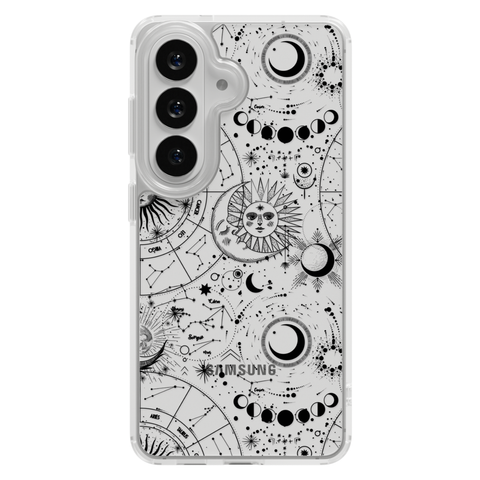 Celestial Zodiac Clear Phone Case Black shown on Galaxy S25 Plus