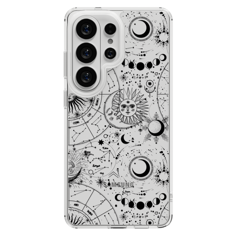 Celestial Zodiac Clear Phone Case Black shown on Galaxy S25 Ultra