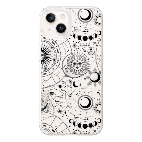 Celestial Zodiac Clear Phone Case Black shown on iPhone 13