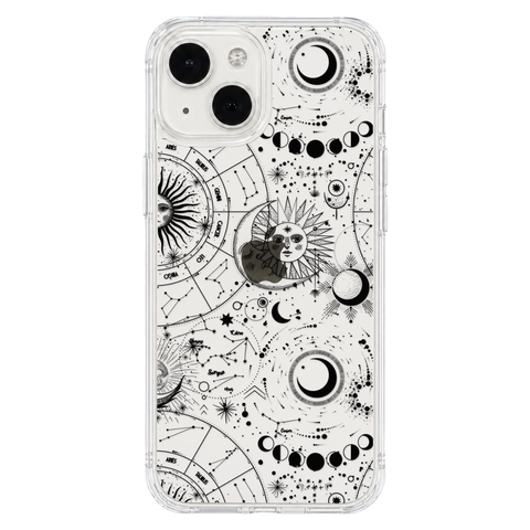 Celestial Zodiac Clear Phone Case Black shown on iPhone 13 Mini