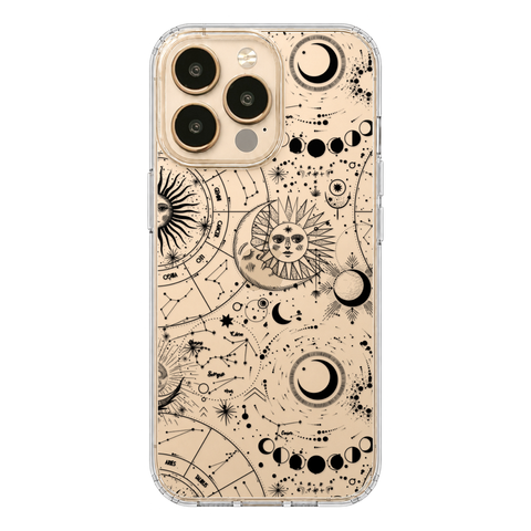 Celestial Zodiac Clear Phone Case Black shown on iPhone 13 Pro