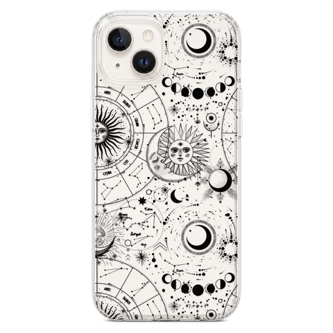 Celestial Zodiac Clear Phone Case Black shown on iPhone 14 Plus