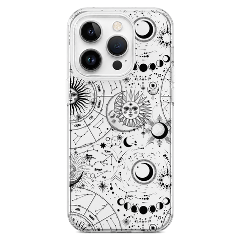 Celestial Zodiac Clear Phone Case Black shown on iPhone 14 Pro