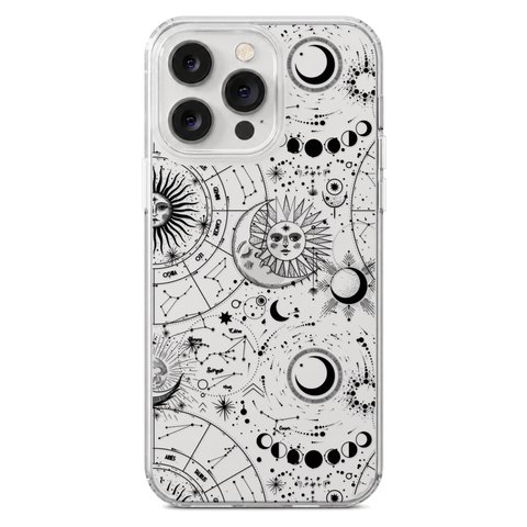 Celestial Zodiac Clear Phone Case Black shown on iPhone 14 Pro Max