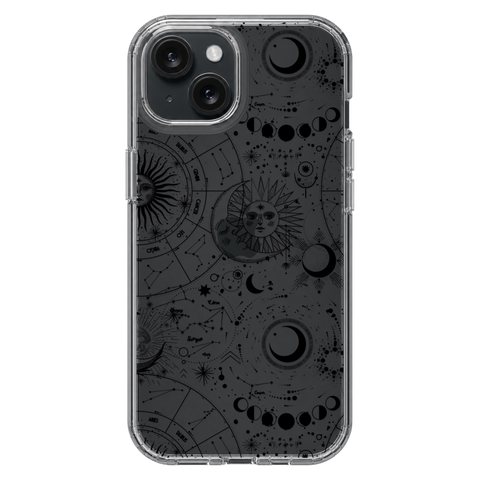 Celestial Zodiac Clear Phone Case Black shown on iPhone 15