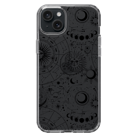 Celestial Zodiac Clear Phone Case Black shown on iPhone 15 Plus
