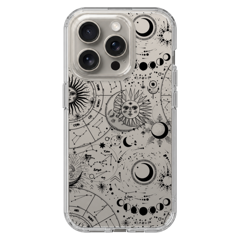 Celestial Zodiac Clear Phone Case Black shown on iPhone 15 Pro