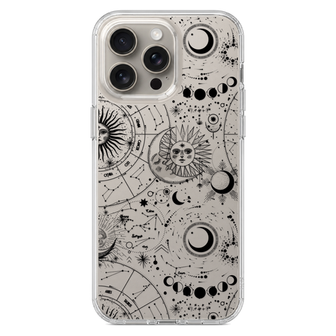Celestial Zodiac Clear Phone Case Black shown on iPhone 15 Pro Max