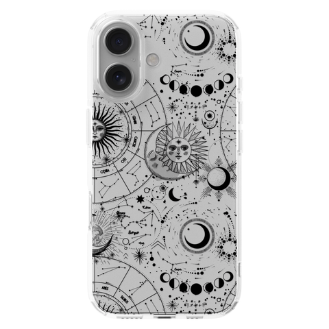 Celestial Zodiac Clear Phone Case Black shown on iPhone 16