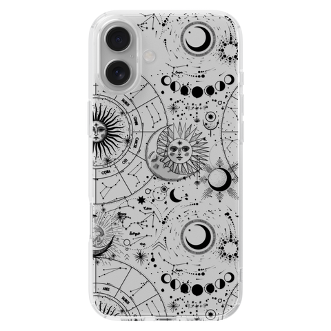 Celestial Zodiac Clear Phone Case Black shown on iPhone 16 Plus