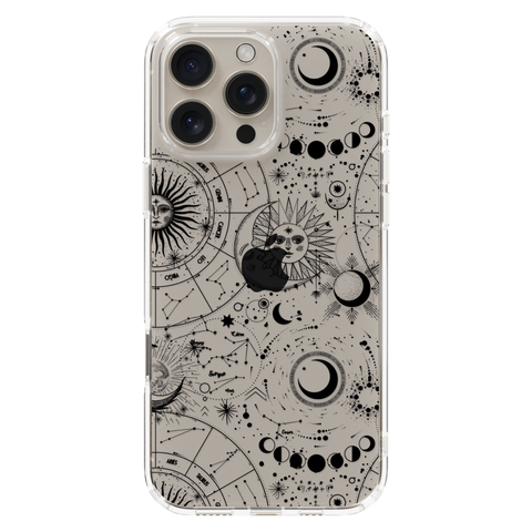 Celestial Zodiac Clear Phone Case Black shown on iPhone 16 Pro